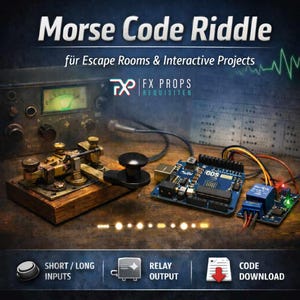 Może przedstawiać: Obraz przedstawiający konfigurację Morse Code Riddle dla escape roomów i projektów interaktywnych. Zawiera zabytkowy klucz telegraficzny, czarny przycisk i płytkę drukowaną z napisem "GOS". Obraz zawiera również tekst "Short / Long Inputs", "Relay Output" i "Code Download".