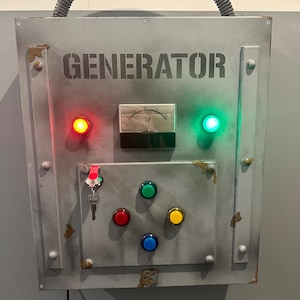 May include: A gray metal panel with the word "GENERATOR" printed in black. The panel has a red light, a green light, a gauge, a keyhole, and five colored buttons.