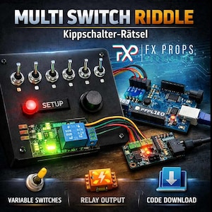 May include: A black control panel with six toggle switches, a red LED, and a black knob. The panel is labeled "SETUP." Additional components include circuit boards, wires, and the text "MULTI SWITCH RIDDLE." Below are the labels "VARIABLE SWITCHES," "RELAY OUTPUT," and "CODE DOWNLOAD."