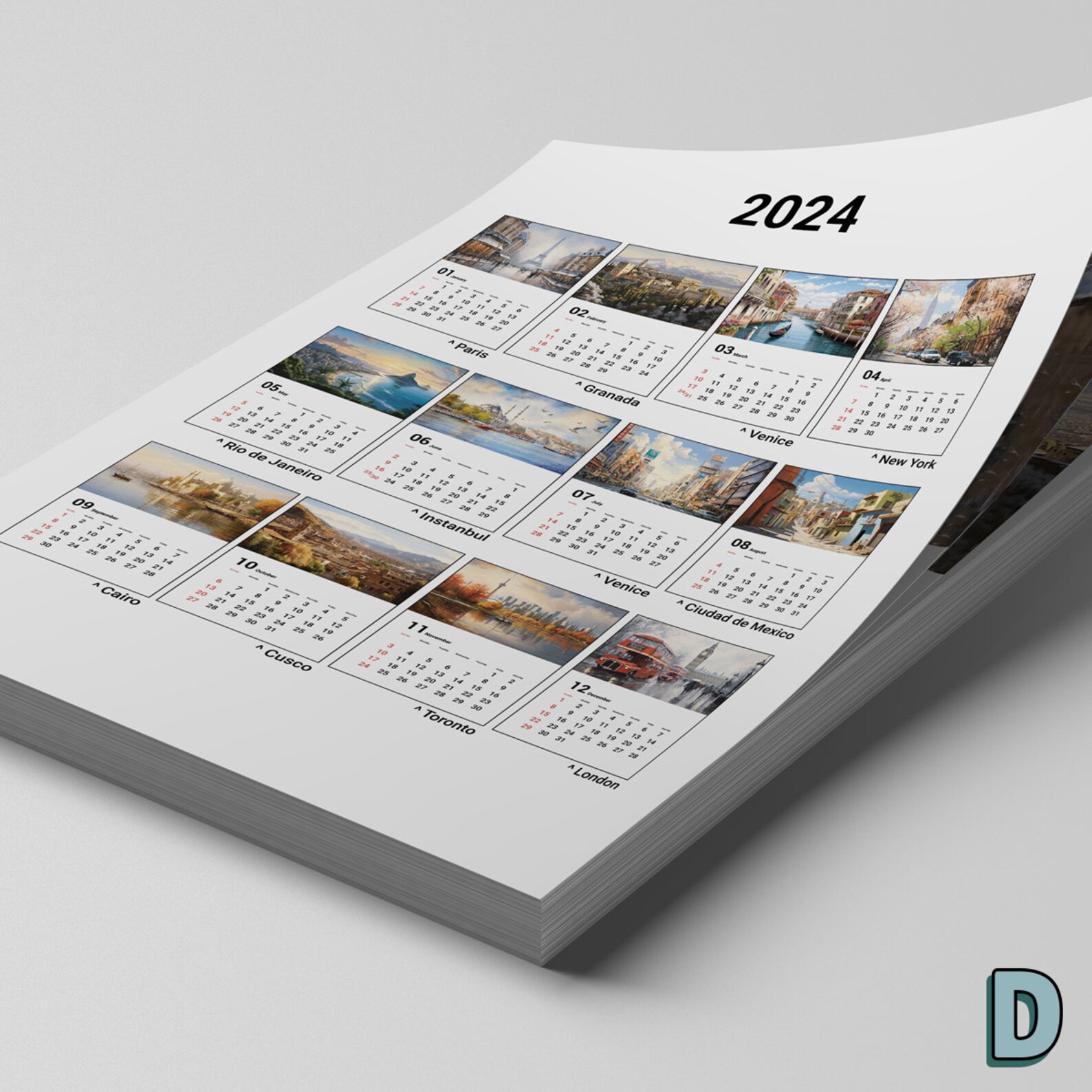 2024 Monthly Print Calendar, 2024 Travel Calendar, Monthly Planner
