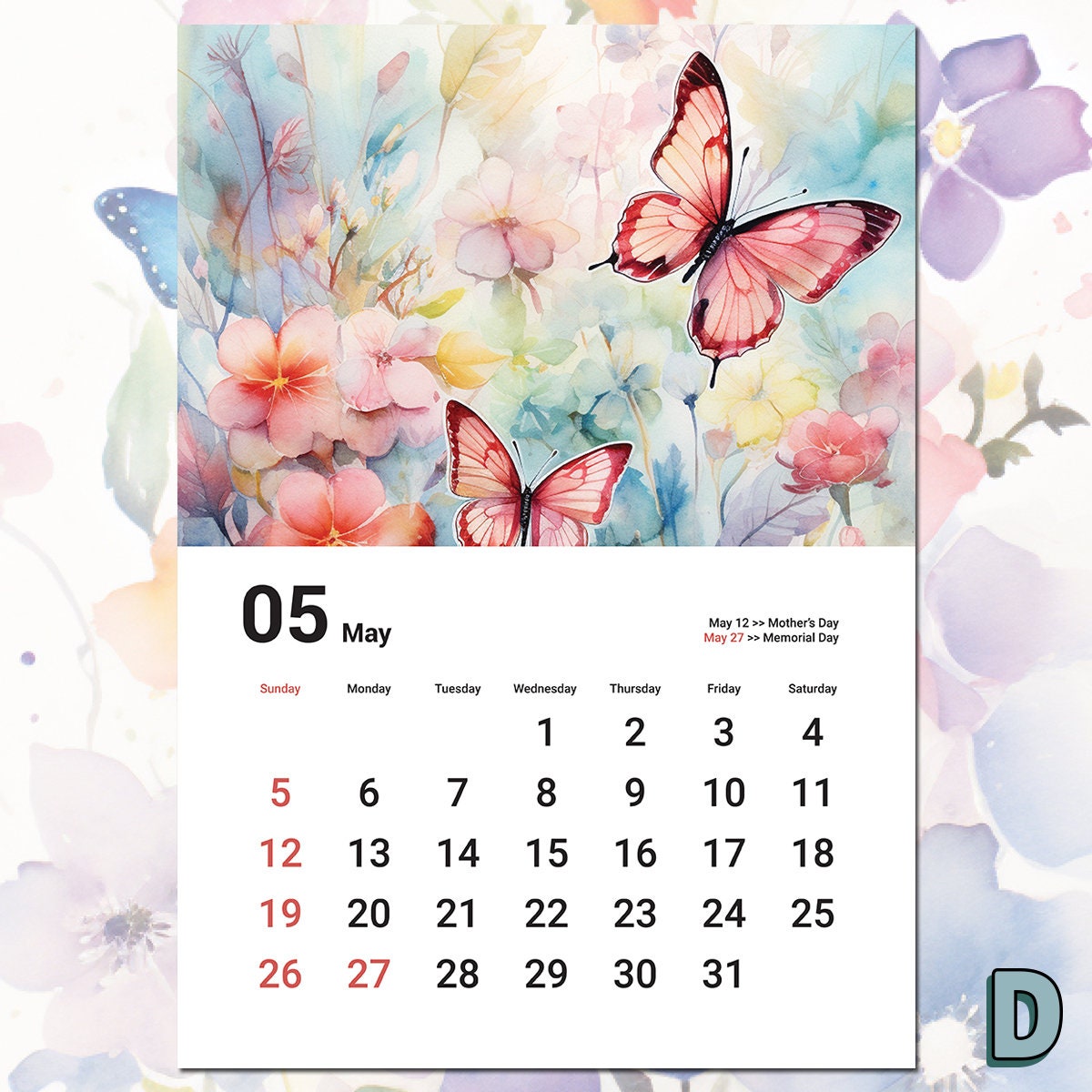 2024 Butterfly Calendar: Watercolor Art, Printable, Holiday Dates ...