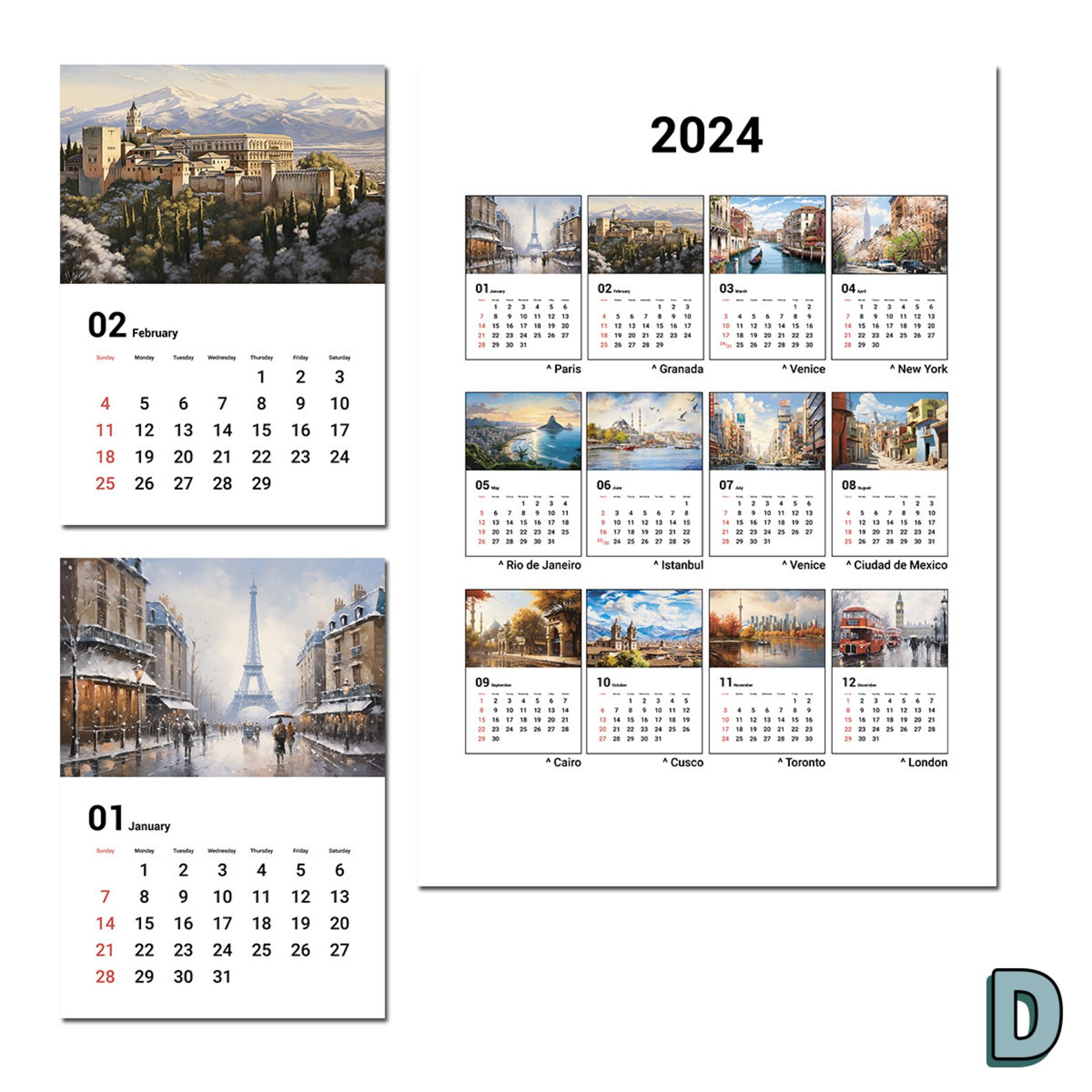 2024 Monthly Print Calendar, 2024 Travel Calendar, Monthly Planner