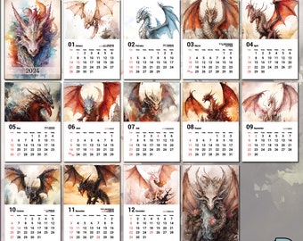 Calendrier des dragons aquarelle 2024 : art mural mensuel, dates de vacances, planificateur illustré, visuels de dragon exotiques, collection pour toute l’année