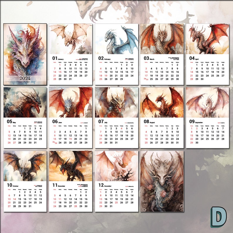 2024 Watercolor Dragons Calendar Monthly Wall Art, Holiday Dates