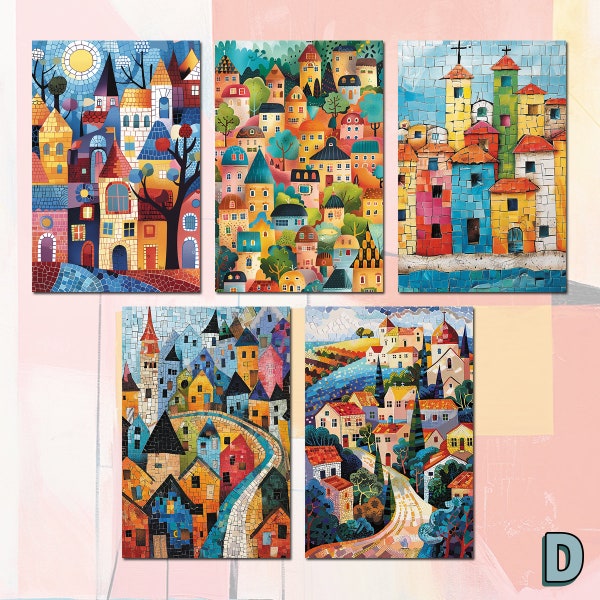 5 Whimsical Childish Town Mosaic Prints: Colorful & Playful Landscape Art for Nursery and Playroom Decor