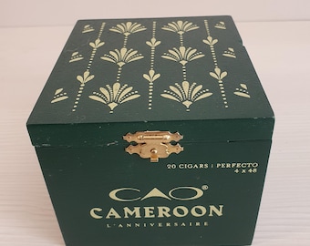 CAO Cameroon Wooden Cigar Box, Green with Gold Deco, 20 Cigars Storage, Handmade Nicaragua, Collectible Upcycled Storage Hinged Case.