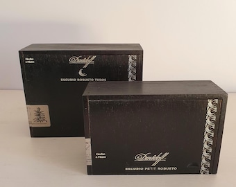 Davidoff Escurio cigar boxes pair, wooden sliding-lid storage crates, handmade Dominican Republic set