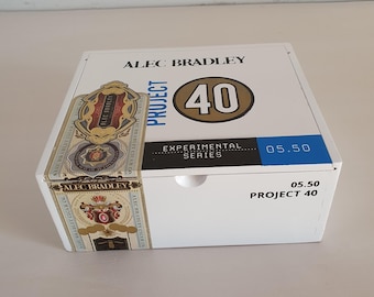 Vintage Alec Bradley Project 40 Experimental Series Empty Cigar Box, Wooden Sliding Lid Storage 17X14.5X7.5 cm. Collectible.