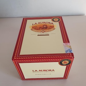 La Aurora Gran Toro cigar box 1980s Dominican Republic, vintage empty wooden box with paper label, collectible humidor storage decor