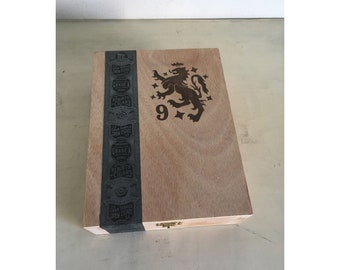 Liga Privada No 9, Empty Cigars Box. Light Brown Color Massive Wood Empty Cigars Case. Collectible Storage Box with Engraved Inscriptions.