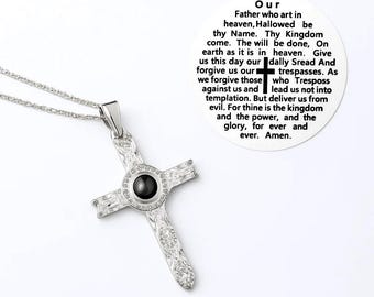 Lord's Prayer Kristall Kreuz Halskette: Silber Nano Gravur religiöser Anhänger