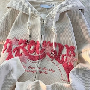 Sudadera con Capucha Vintage para Mujer: Letras Bordadas, Cremallera y Estilo Harajuku - Colección Otoño Invierno