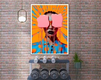 Color splash canvas, blue orange wall art, fashion lady poster, pink glasses art