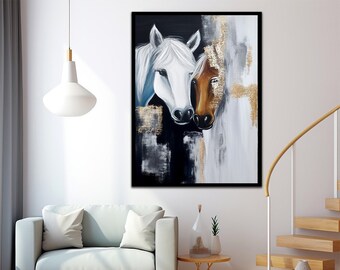 Horses painting, 2 horses wall art, horse couple painting, loving horses poster