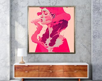 Pinke Frau Malerei, rauchende Frau, rosa Frau, Frau Poster, rosa Frau, Frau, Frau, Frau