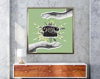 Rotary phone canvas, retro style wall art, illustration poster, symbolic painting