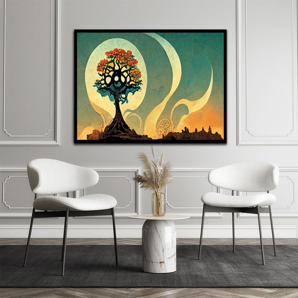 Tree of life canvas, individuality art, prosperity painting, retro style poster