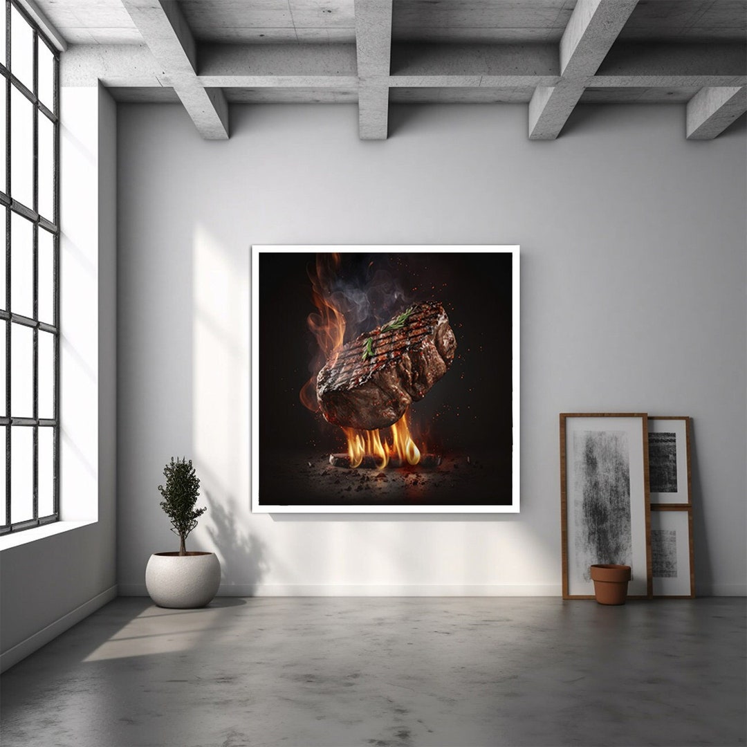 Barbecue Painting, Meat Grill Wall Art, Grilled Steak Poster, Food