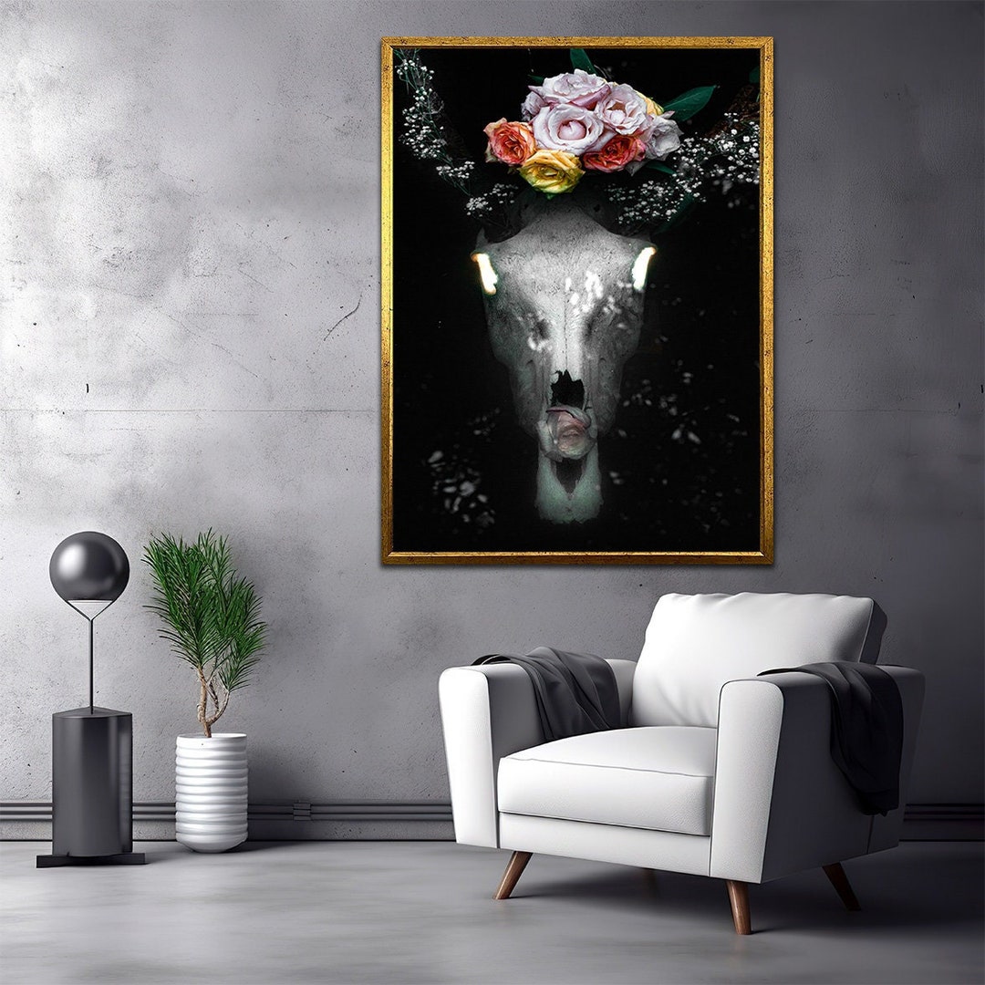Horse Skull Painting Flower Bouquet Decor Dark Theme Wall Etsy