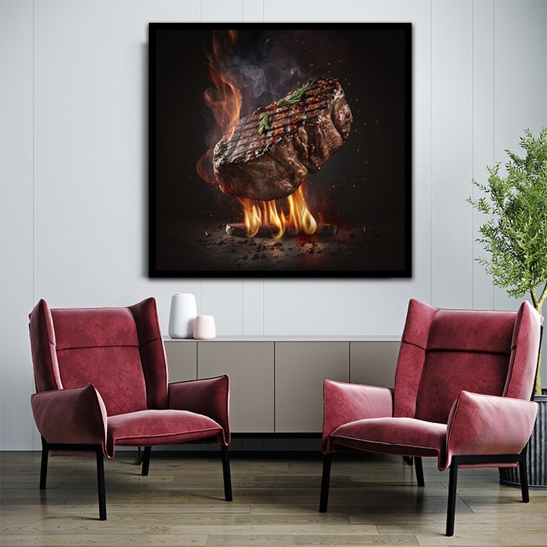 Barbecue Painting, Meat Grill Wall Art, Grilled Steak Poster, Food