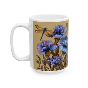 Blue Floral with Dragonfly Coffee Mug Blue Flowers Ceramic Mug 15 oz. Dragonfly Lover Gift for Her Floral Decor Mug Blue and Purple Floral