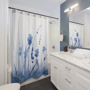 Blue Wildflower Shower Curtains Blue Floral Shower Curtain with Blue Wildflowers Shower Curtain with Blue Floral Print Mother&#39;s Day Gift