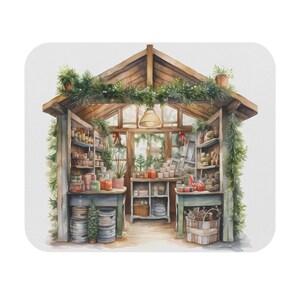 May include: Watercolor illustration of a cozy, rustic greenhouse decorated for the holidays. The wooden structure is filled with shelves of products, plants, and gifts. Greenery and red bows add festive touches, creating a warm and inviting scene.