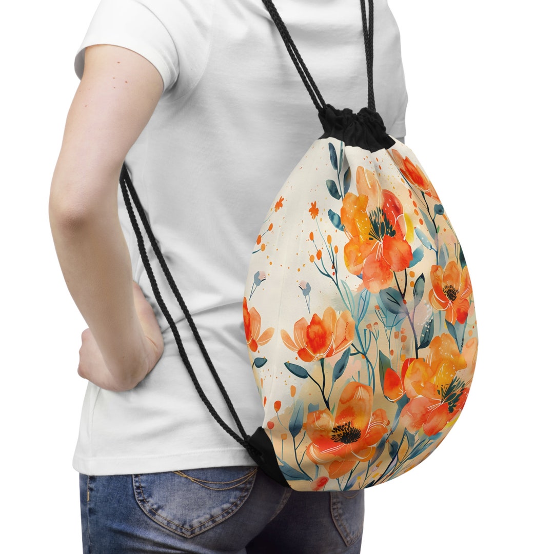 Drawstring Backpack Orangfe Orange Floral Watercolor Print Drawstring Bag Orange Floral Backpack ...