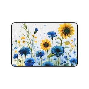Sunflowers and Bachelor Buttons Desk Mat, Summer Floral Desk Mat, Home Office Desk Mat, Office Decor, Cornflowers and Sunflowers