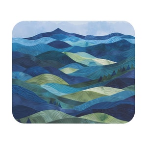 May include: Abstract watercolor painting of a blue and green mountain range. The mountains are layered and textured, creating a sense of depth and dimension.