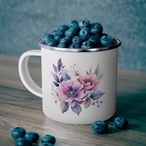 Pink and Purple Floral Enamel Camping Mug for Her Summer Floral Camp Mug Gift for Her Coffee Mug for Camping Gift for Camper Coffee Cup