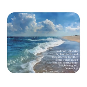 May include: Square image featuring a serene beach scene with a blue ocean, white waves, and a sandy shore under a cloudy sky. The text reads: "And God called the dry land Earth...Genesis 1:10."