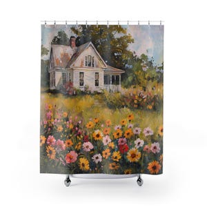 Farmhouse with Flowers Shower Curtain Gift for New Home Shower Curtain for Cabin Country Shower Curtain Farmhouse Bathroom Decor Gift