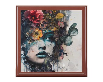 Girl and Butterfly Collage Jewelry Box, Girl and Flowers Collage Trinket Box, Art Collage Keepsake Box, Teen Gift