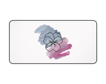 Pansy Desk Mat, Pansy Line Drawing, Blue and Dusty Rose Watercolor, Home Office Desk Mat, Mother's Day Gift, Off to College Gift
