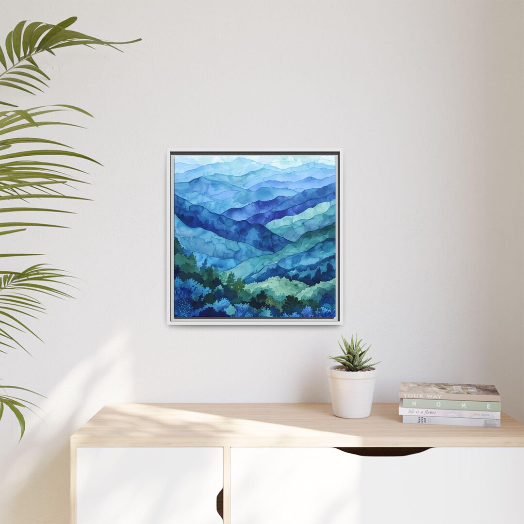 Blue Ridge Canvas Blue Ridge Mountain Watercolor Wall Art, Matte Canvas Framed (black ...