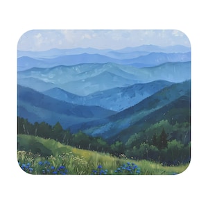 May include: A painting of a mountain range with a blue and green color scheme. The mountains are layered and fade into the distance. The foreground features a field of green grass with blue flowers.
