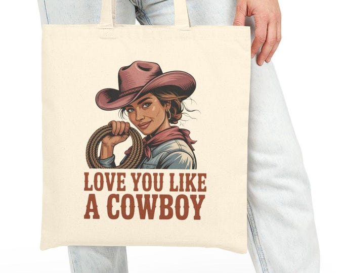 Cowgirl Love Badge Tote | Western Valentine, cowboy valentine canvas tote