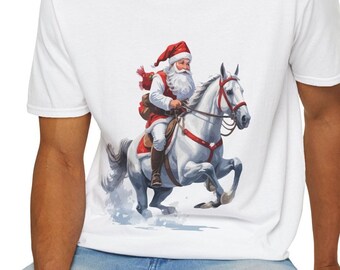 Santa Riding White Horse Art Print - Festive Christmas Illustration - Holiday T-Shirt