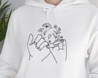 Minimalist Floral Hand Line Art Hoodie, Black and White Botanical Graphic Sweatshirt, Modern Abstract Unisex Hooded Pullover, Cozy Gift