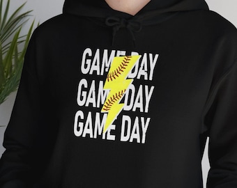 Hooded Sweatshirt & Unisex Heavy Cotton Tee - Game Day Lightning Softball Design, Bold Sportswear, Fun Softball Apparel for Players and Fans