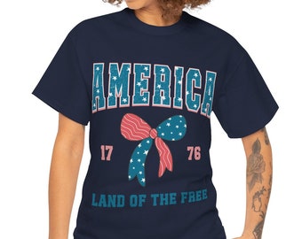 Patriotic American Bow T-Shirt – Unisex 4th of July Tee, USA Pride Shirt with 1776 Design, Independence Day Casual Outfit