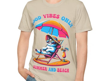 Cool Cat Summer T-Shirt | Chill Vibes Retro Cat Tee | Funny Summer Shirt for Cat Lovers