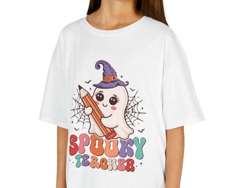 Kids Spooky Teacher Shirt, Cute Ghost Halloween Tee, Fall School Outfit for Children