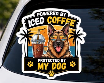 Pegatina de café helado con pastor alemán, calcomanía de vinilo impermeable para mamá de perro pastor alemán para computadora portátil o botella de agua.
