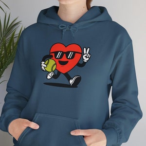 Cool Heart Playing Softball Cartoon Heavy Blend Hoodie, Softball Lover Gift, Funny Sports Graphic, Softball Fan Apparel, Game Day