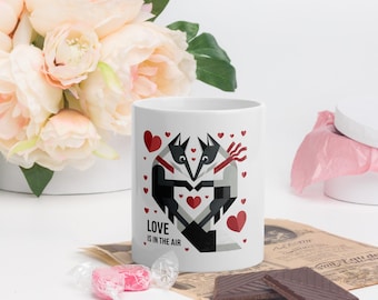 White Glossy Mug – Love Is in the Air, Geometric Fox Couple, Romantic Valentine's Gift