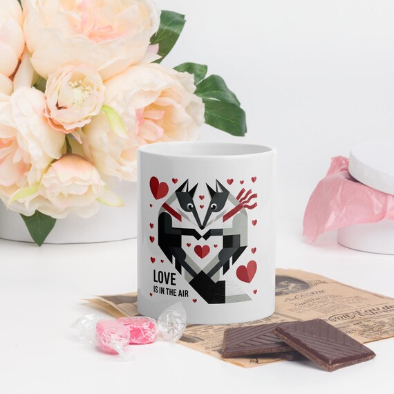 White Glossy Mug – Love Is in the Air, Geometric Fox Couple, Romantic Valentine's Gift