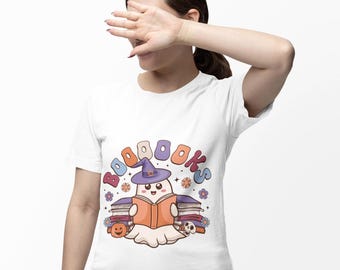 Cute Ghost Reading Booooks Unisex Heavy Cotton Tee, Spooky Book Lover T-Shirt, Fun Fall Ghost Design