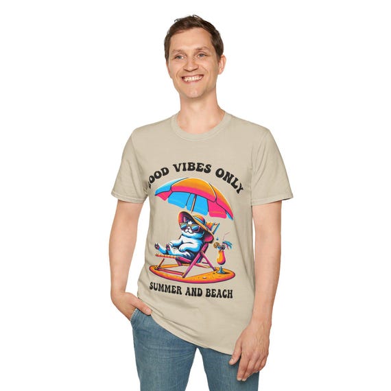 Fun Cat Under Umbrella T-Shirt | Cute Cat Top, Vibrant Tee, Summer Art Print, Chill Kitty Shirt, Relaxing Feline Apparel
